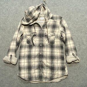 Columbia Women's Gray Plaid Button Up Hooded Shirt Long Sleeve Toll-Tab Size XS